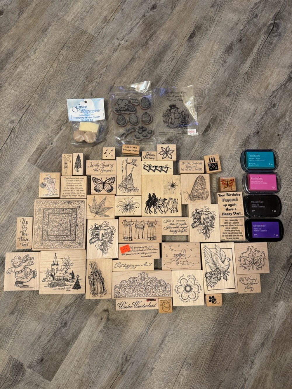 Large Mixed Wood and Clear Craft Stamp Lot with Ink Pads - Natural Wood